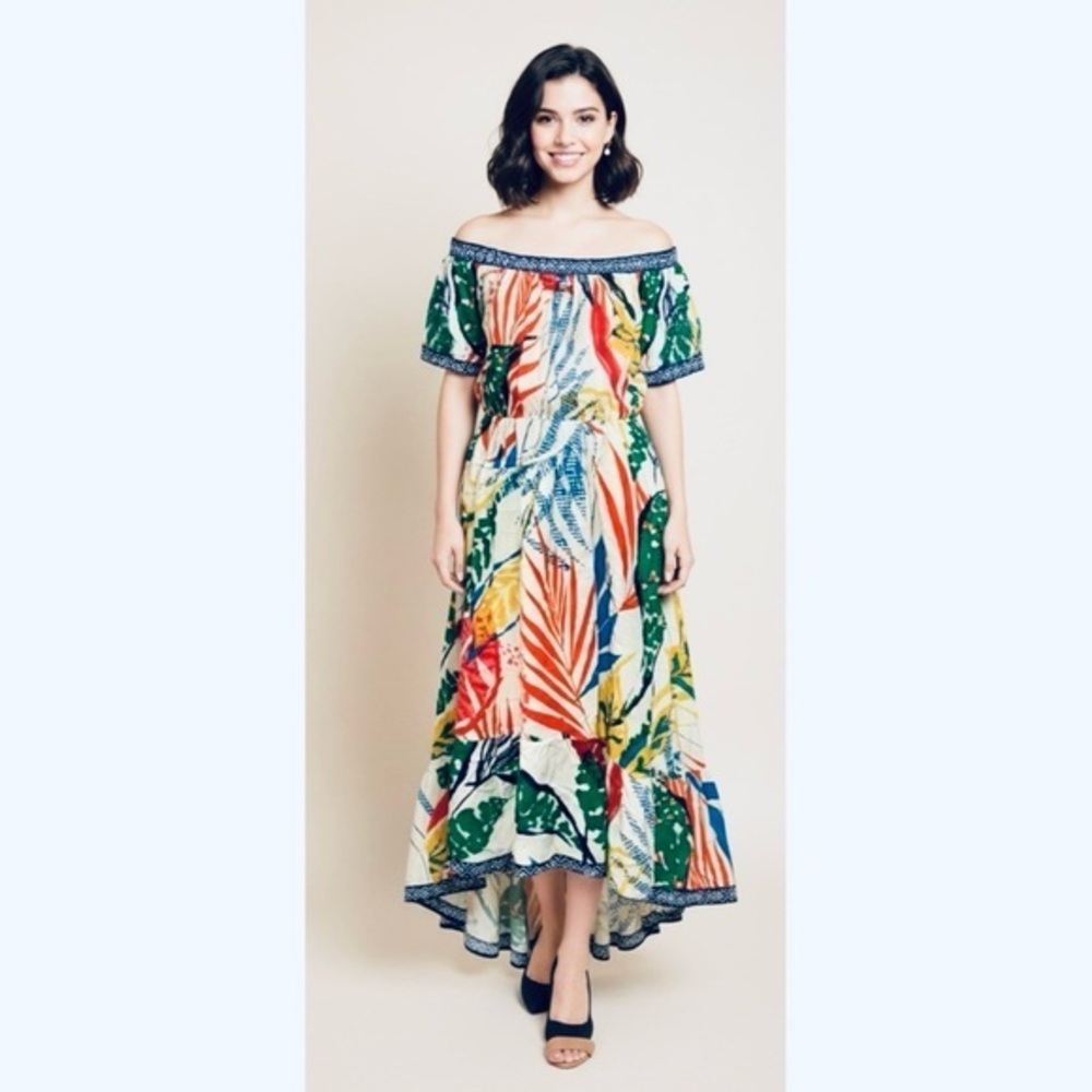 [Flying Tomato] Tropical Panel Print On/Off Shoulder High-Low Tiered Sash Dress